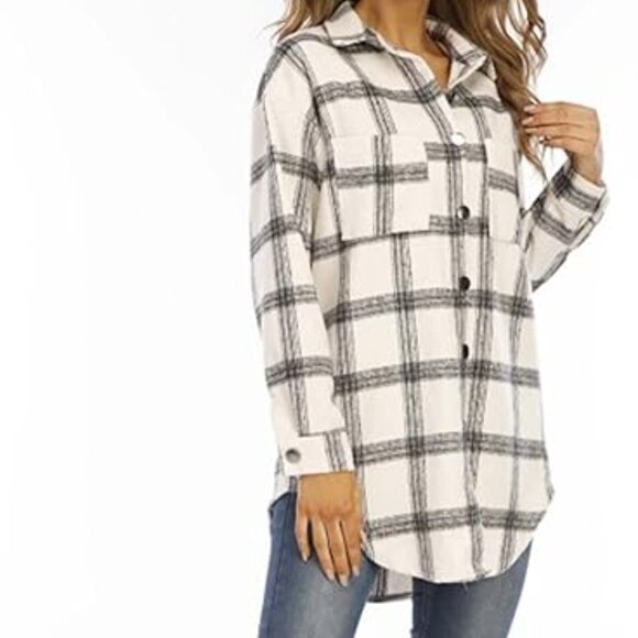 Amazon Oversized Cream Black Plaid Shacket Size Small - Picture 2 of 12